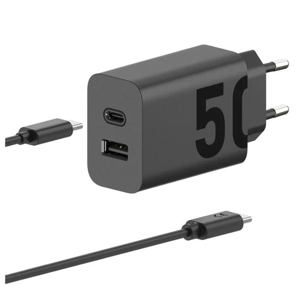 Мрежово зарядно Motorola TurboPower 50W, Port Dual USB (Type-C + USB-A), Включен кабел USB Type-C (1.5 м), Черен