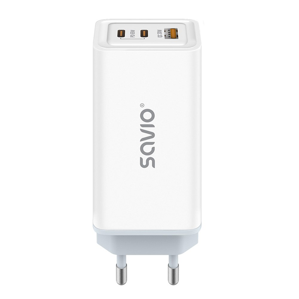Savio LA-07 GaN 2x USB-C / USB-A Hálózati töltő - Fehér (65W) (LA-07)