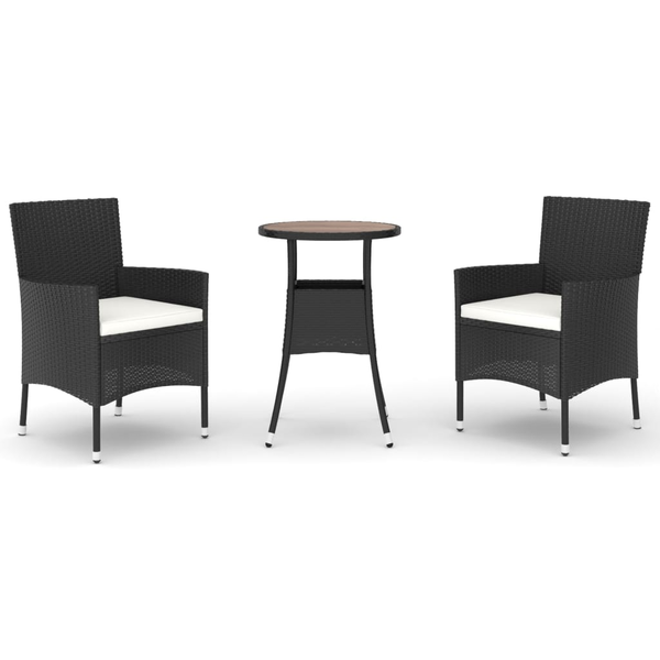 Set bistro de grădină cu perne, 3 piese, negru, poliratan