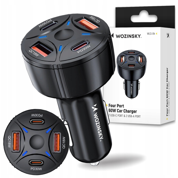 Ładowarka samochodowa Wozinsky WLS-04 60W 2xUSB-C 2xUSB-A - czarna