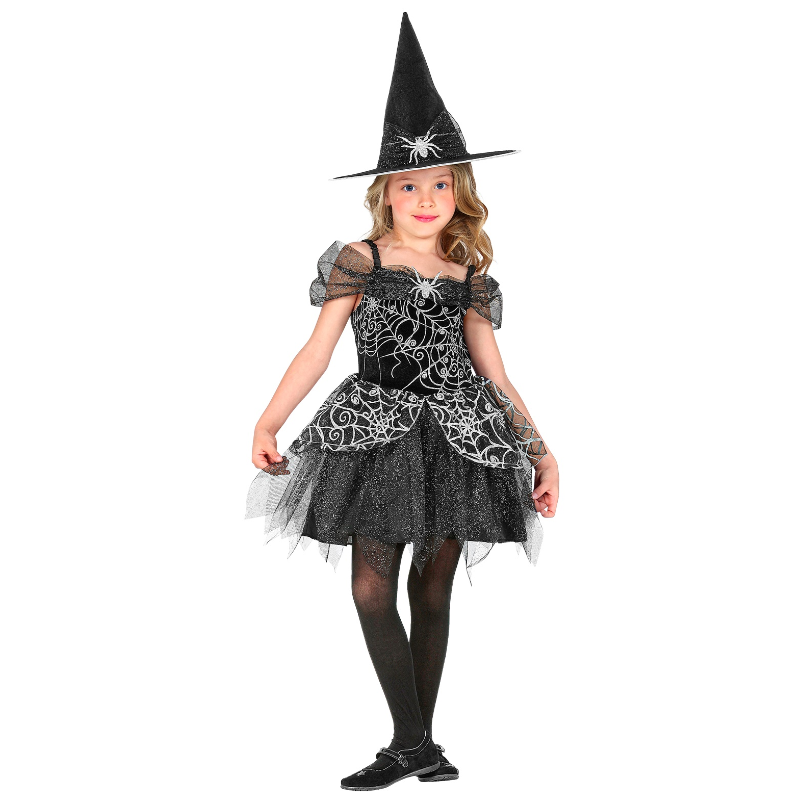 Widmann Ezüst pókhálós boszorkány jelmez - 128 cm (97346)