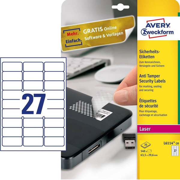 Avery Zweckform 63,5 x 29,6 mm Biztonsági Etikett Címke (540 db / csomag )