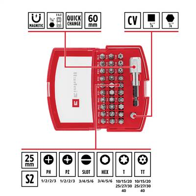 Einhell BELT CLIP Bit készlet 32 részes TORX, PZ, PH, Egyeneshornyú, Tamper Torx Bit tartóval (118495) (118495)