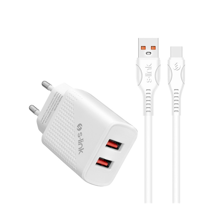 S-Link SL-EC50T 2x USB-A Hálózati töltő + USB-C kábel - Fehér (12W) (35313)