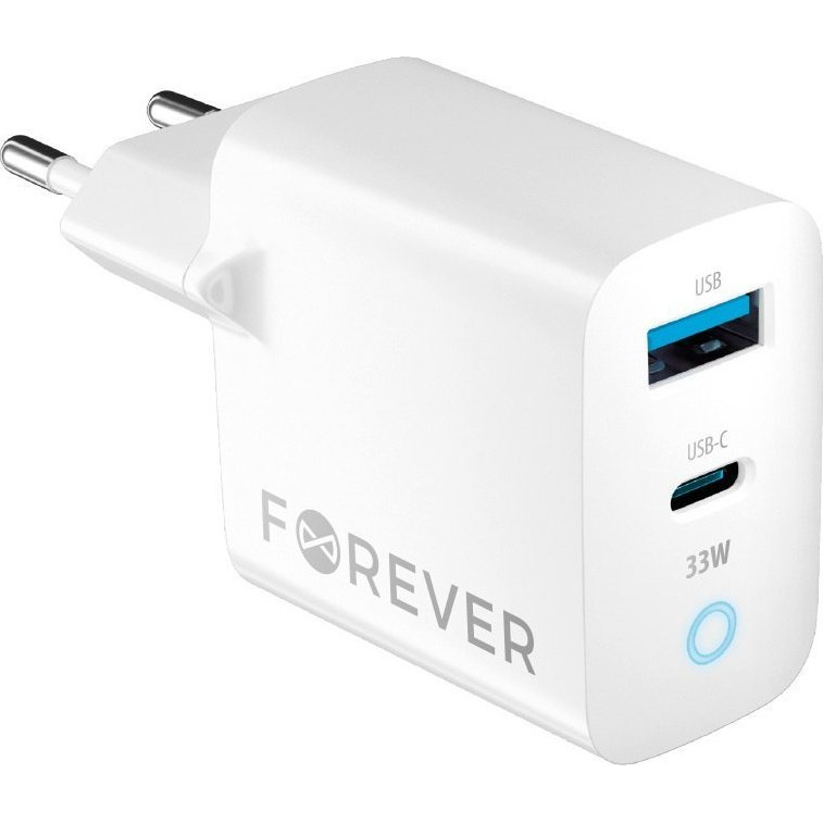 Forever TC-06-33AC Hálózati Töltő 1xUSB-A És 1xUSB-C Csatlakozással 33W GaN PD QC-Fehér (GSM171395)