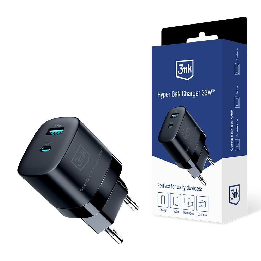 3mk Hyper Charger USB Type-A / USB Type-C GaN Hálózati töltő - Fekete (33W) (5903108541268)