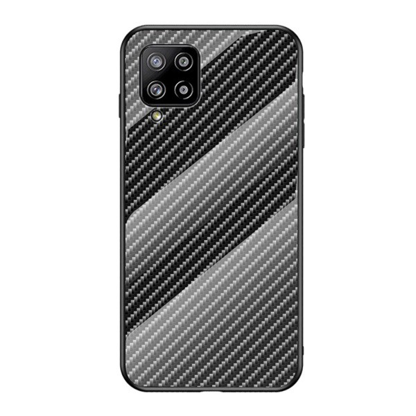 Telefonvédő szilikon keret (BUMPER, edzett üveg hátlap, karbon minta) FEKETE [Samsung Galaxy A42 5G (SM-A425F)] (5996591024370)