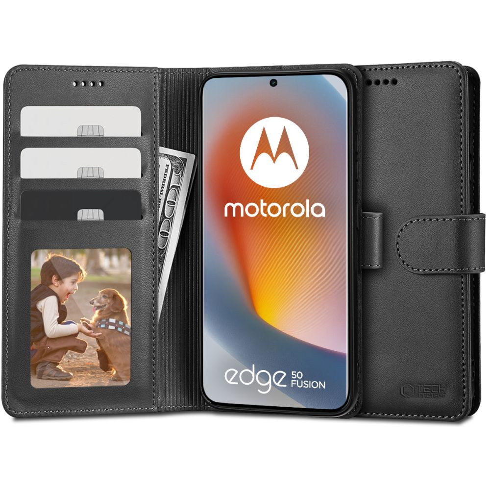 Motorola Edge 50 Fusion, Oldalra nyíló tok, stand, mágnes csattal, TP Wallett, fekete (TS9454)