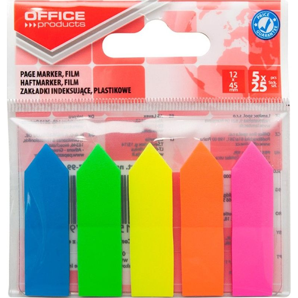  Office Products Zakładki indeksujące OFFICE PRODUCTS, strzałka, PP, 12x45mm, 5x25 kart., zawieszka, mix kolorów