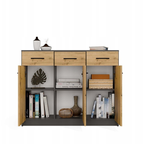 Topeshop Komoda SIMPLO 3D3S Szafka 3 Szuflady 3 Drzwi ANTRACYT DĄB ARTISAN