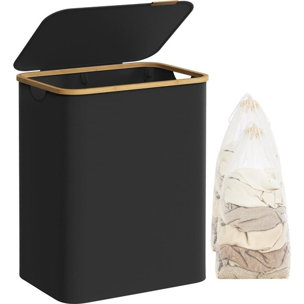 Cesta De Ropa Rectangular 60l Bambú Y Tejido Negro