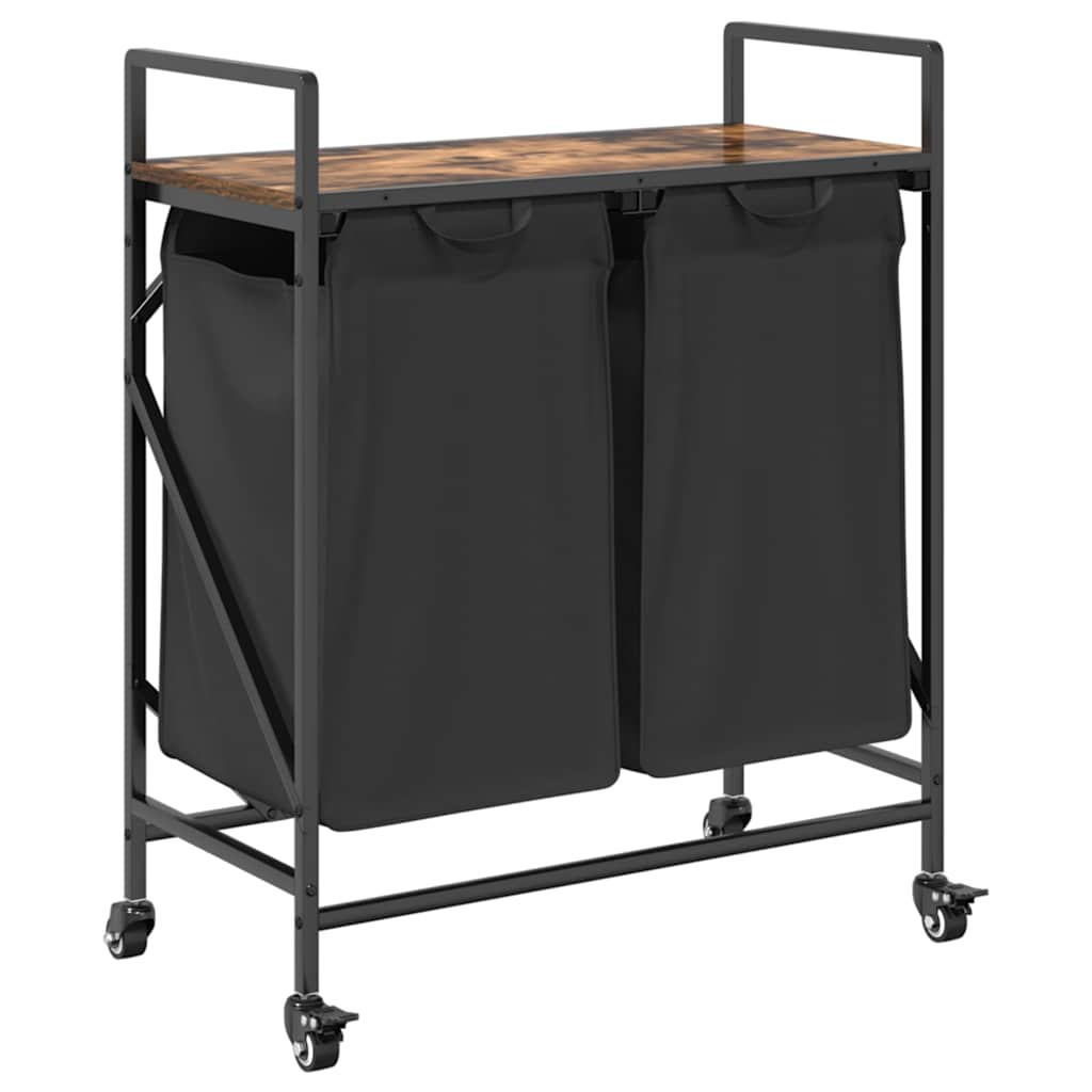 füstölt tölgy mosodai kosár 2 rekeszes kerekekkel (859097)