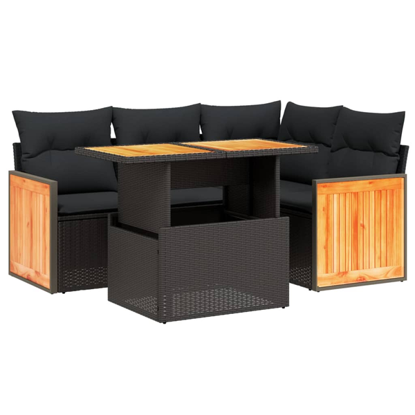 Set mobilier de grădină cu perne, 5 piese, negru, poliratan