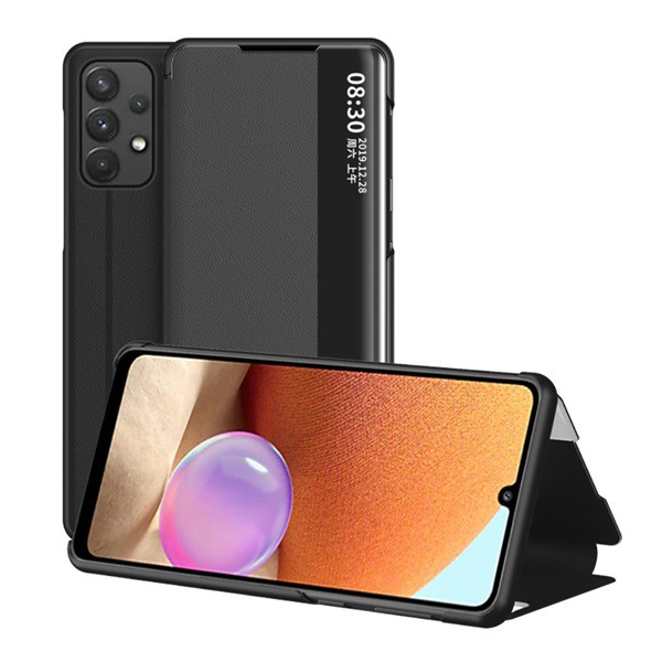 Tok álló, bőr hatású (FLIP, oldalra nyíló, asztali tartó funkció, hívószámkijelzés, View Window) FEKETE [Samsung Galaxy A02s (SM-A025F)] (5996591051680)