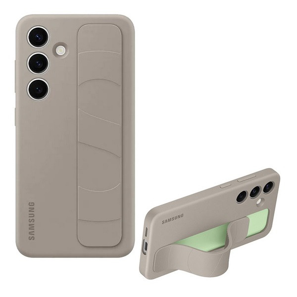 Samsung Galaxy S24 Plus SM-S926, Szilikon tok, matt, kitámasztóval, beépített szíj, Standing Grip, szürke, gyári (8806095365671)