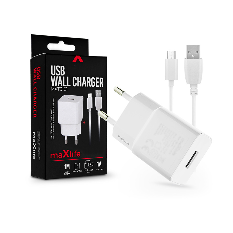 Maxlife USB hálózati töltő adapter + micro USB adatkábel 1 m-es vezetékkel - Maxlife MXTC-01 USB Wall Charger - 5V/1A - fehér (TF-0102)
