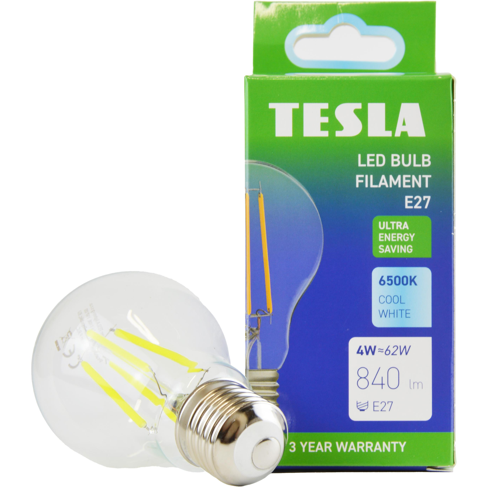 Tesla Filament A class, E27, 4W, 840lm, 6500K hideg fehér, 360°, átlátszó, 230V, 25000 óra (BL270465-A1)