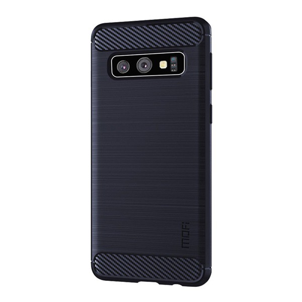 MOFI szilikon telefonvédő (közepesen ütésálló, légpárnás sarok, szálcsiszolt, karbon minta) SÖTÉTKÉK [Samsung Galaxy S10 (SM-G973)]