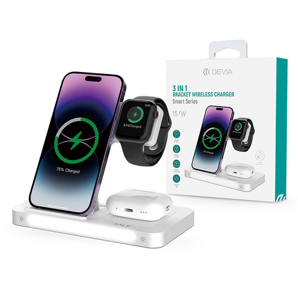Devia Qi univerzális vezeték nélküli töltő állomás - 15W - Devia Smart Series 3 In 1 Bracket Wireless Charger for Smartphone + iWatch + Airpods - fehér