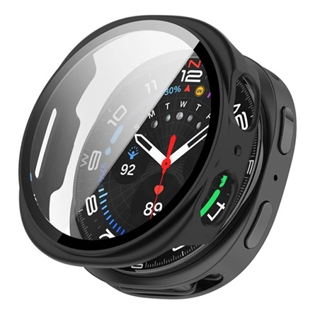 Műanyag keret (BUMPER, ütésállóság + kijelzővédő üveg) FEKETE Samsung Galaxy Watch 8 eSIM 40mm (SM-L325) / Galaxy Watch 8 40mm (SM-L320) "Gigapack csomagolás" (GP-172056)