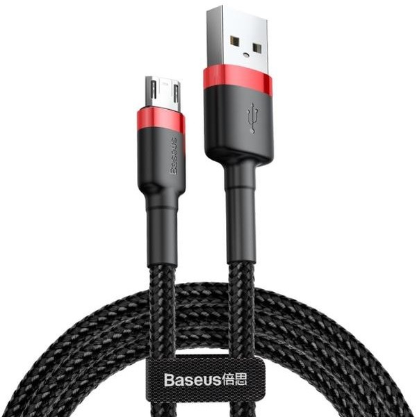 USB кабел за зареждане и данни, microUSB, 200 cm, 1500 mA, със защита против счупване, модел на връзка за обувки, Baseus Cafule, CAMKLF-C91, черен/червен (RS121924)
