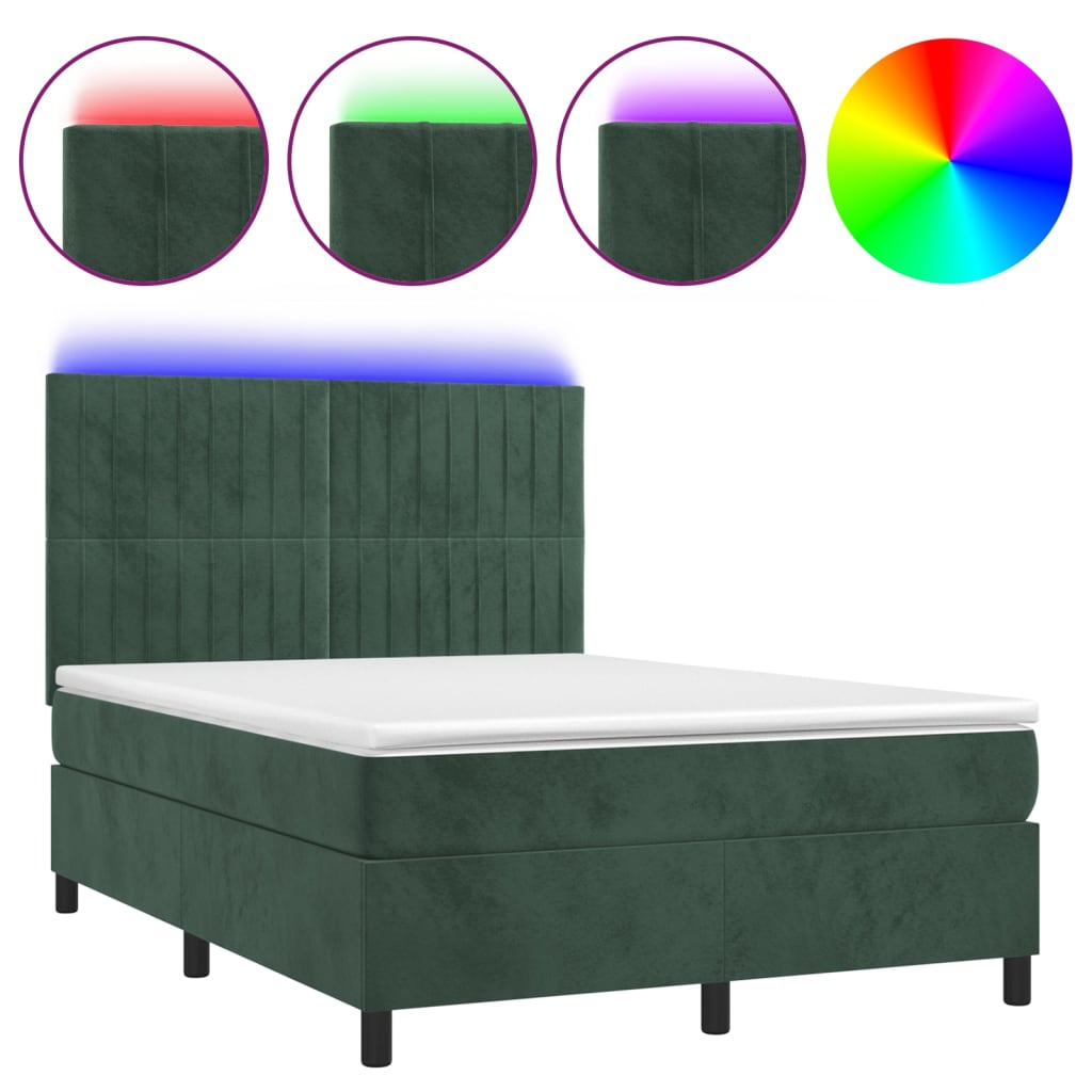 sötétzöld bársony rugós és LED-es ágy matraccal 140x190 cm (3136242)