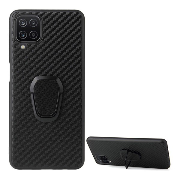 Szilikon telefonvédő (közepesen ütésálló, bőr hatású hátlap, kitámasztó, karbon minta) FEKETE [Samsung Galaxy A12 (SM-A125F / SM-A127F)]