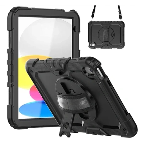 Defender műanyag telefonvédő (ütésállóság, kitámasztó, 360° + kézpánt) FEKETE Apple IPAD 11 (2025) / IPAD 10.9 (2022) "Gigapack csomagolás" (GP-149259)