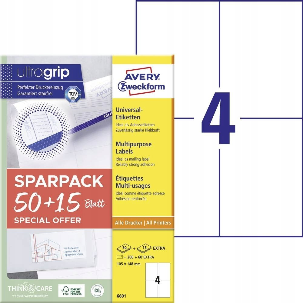 Avery 6601 105x148 mm univerzális 50+15 lap 260 db-os etikett (6601)