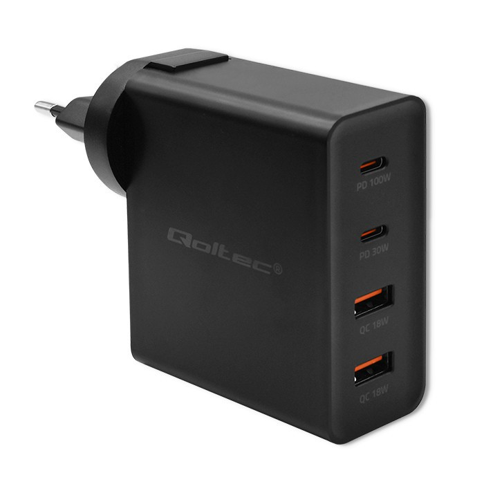 Qoltec 52383 Power Pro 2x USB Type-C / 2x USB Type-A GaN Hálózati töltő - Fekete (130W) (52383)