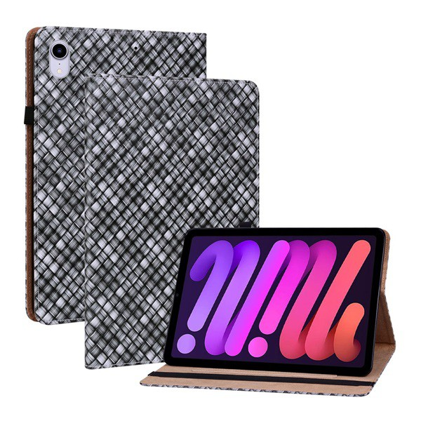 Tok álló, bőr hatású (FLIP, oldalra nyíló, asztali tartó funkció, fonott minta) FEKETE [Apple IPAD mini 6 (2021)] (5996591129594)