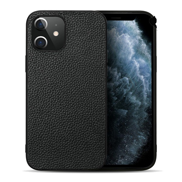 Szilikon telefonvédő (valódi bőr bevonat) FEKETE [Apple iPhone 12 mini] (5996591012193)