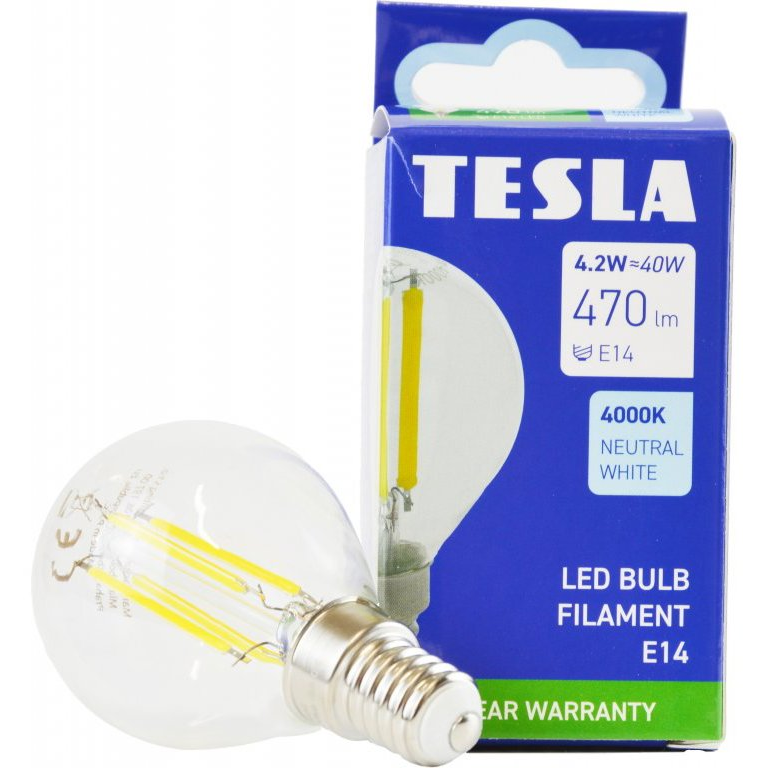 Tesla Miniglobe FILAMENT RETRO E14, 4W, 230V, 470lm, 25000h, 4000K nappali fehér, 360°, clear (8596238005617)