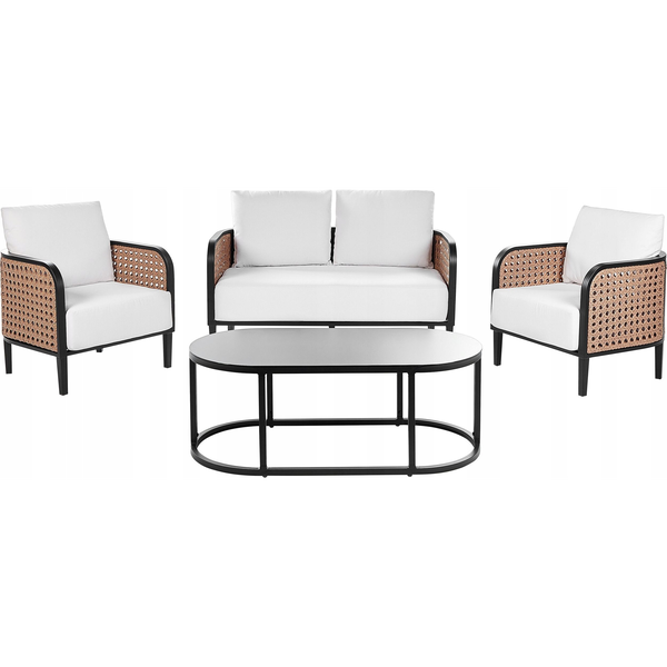 Conjunto De Jardín Exterior Metal 4 Plazas Sofá Y Sillones De Aluminio Con Cojines Gruesos Blanco Crema Impermeable Respaldo Trenza Vienesa Ratán Sintético Mesa De Centro Montefalco - Blanco