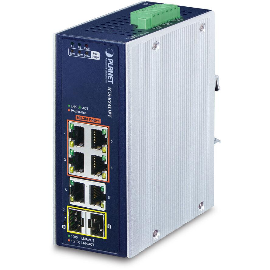 PLANET IP30 Industrial 4-Port Beállítást nem igénylő (unmanaged) Gigabit Ethernet (10/100/1000) Ethernet-áramellátás (PoE) támogatása Kék, Fehér (IGS-824UPT)