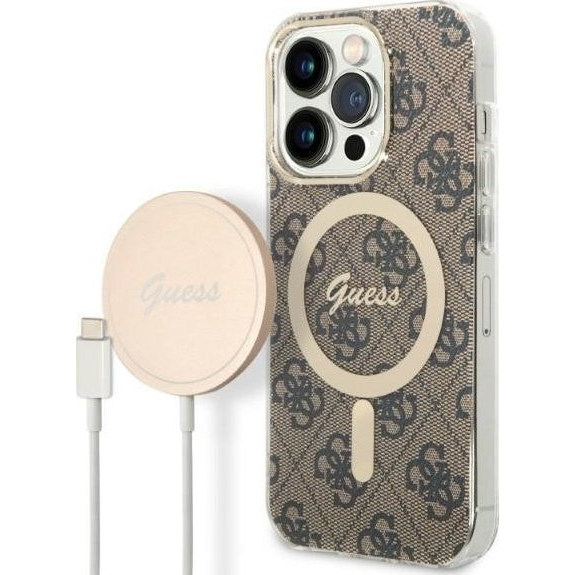 Guess 4G Print MagSafe Apple iPhone 14 Pro Max hátlap tok, barna + MagSafe töltő (GUE002555)