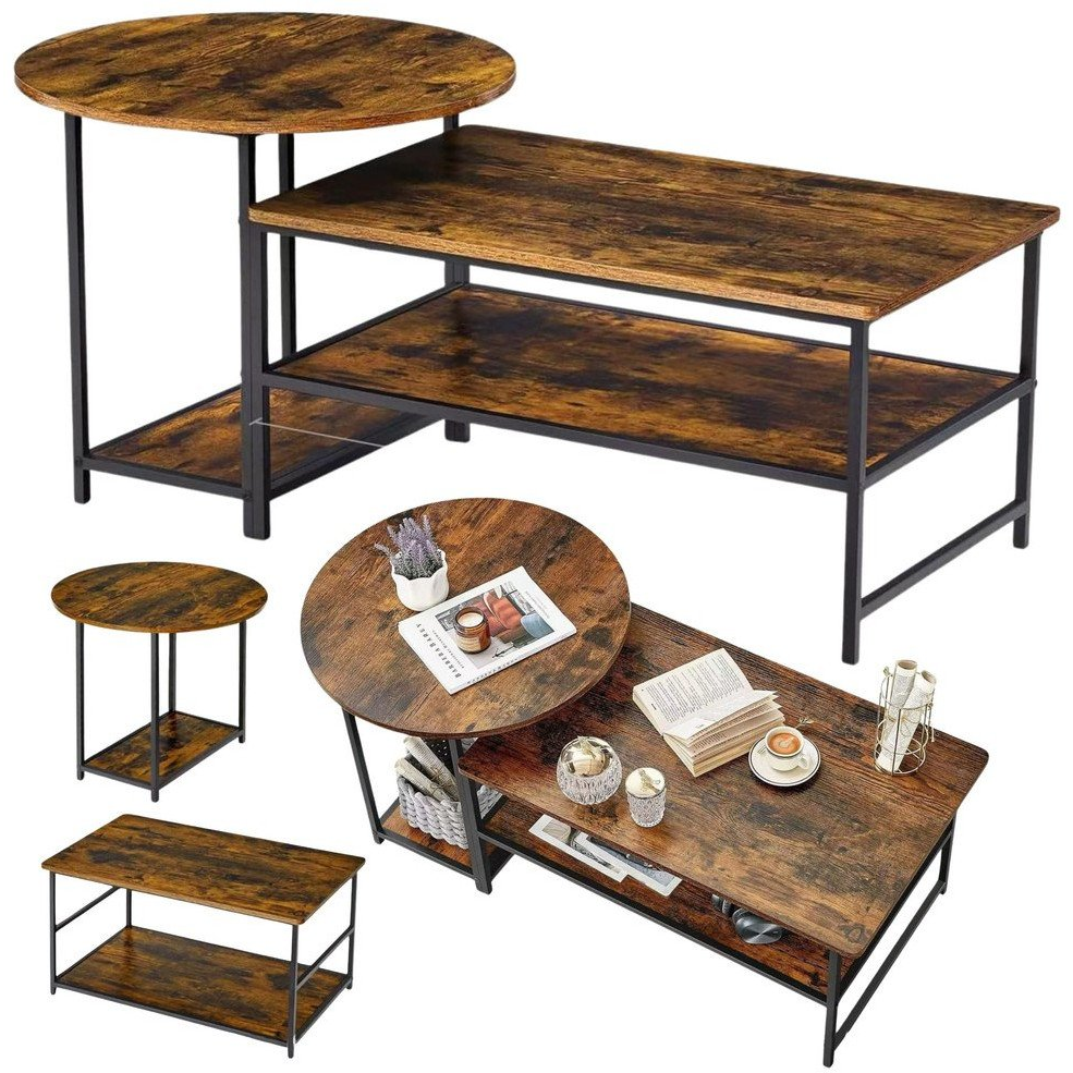 2 Az 1-Ben Vintage Rusztikus Fa Dohányzóasztal Garnitúra 123x60x51cm 26622 (26622)