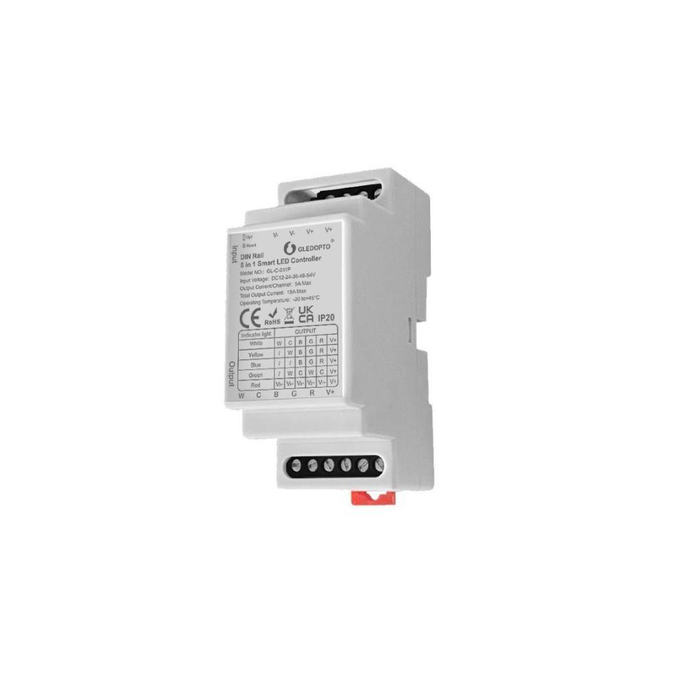 Gledopto Zigbee Pro 5-az-1-ben LED vezérlés (Zigbee+RF) 12V-54V DC, DIN-sín kompatbilis (GLE-REL-C011P) (GLE-REL-C011P)