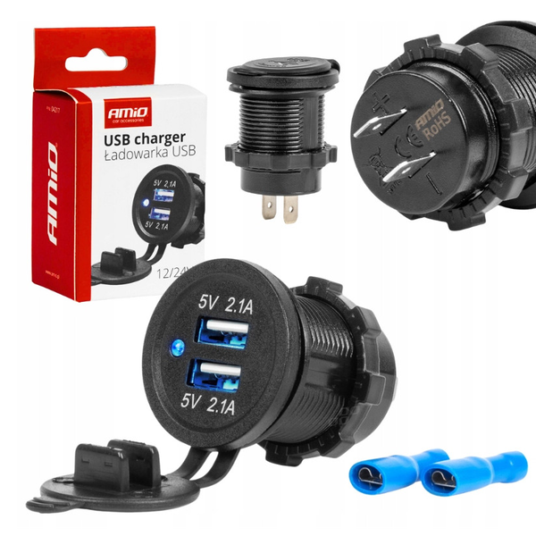 AMiO , Dupla Usb Aljzat, Beépíthető, Vízálló, 12/24V (0504217)