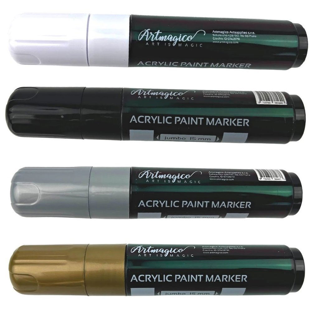 Artmagico akrylový popisovač Jumbo 15 mm, 4 ks, černý, bílý, zlatý, stříbrný (8594222520184)