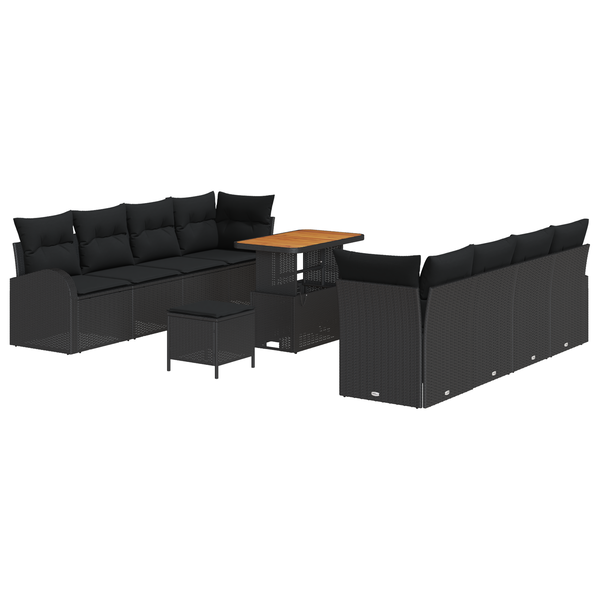 Set canapea grădină 11 piese cu perne, poliratan negru, acacia