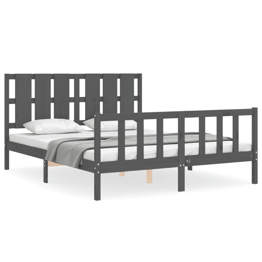 szürke tömör fa ágykeret fejtámlával King Size (3192238)
