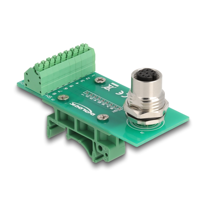 Delock M12 transzfer modul adapter 8 tűs A-kódú anya - 9 tűs sorkapocs DIN sínhez (60659) (60659)