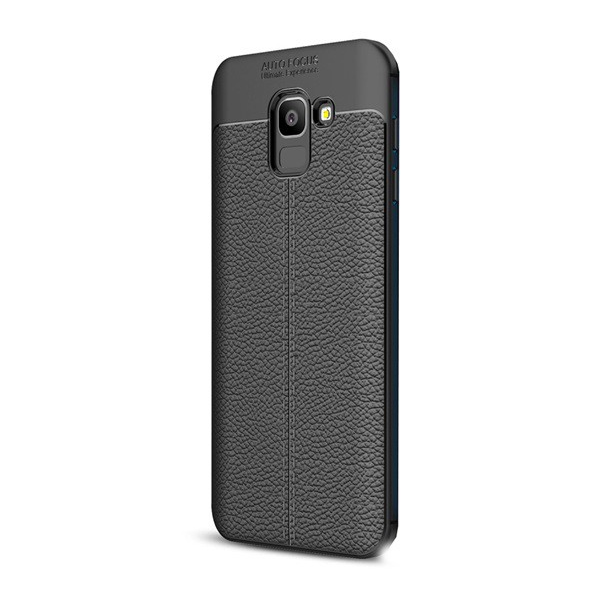 Szilikon telefonvédő (közepesen ütésálló, bőr hatású, varrás minta) FEKETE [Samsung Galaxy J6 (2018) SM-J600F] (5996457781171)