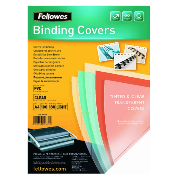 Корици Fellowes A4, Пластмасови, 180 микрона, Прозрачни, 100 бр/комп