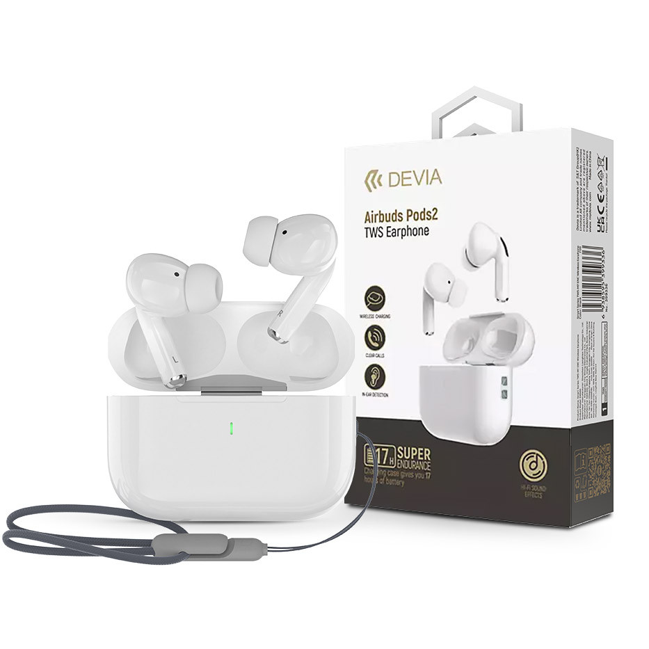 Devia TWS Bluetooth sztereó headset v5.3 + töltőtok - Devia Airbuds Pods2 TWS Wireless Earphone with Charging Case - fehér (ST399138)