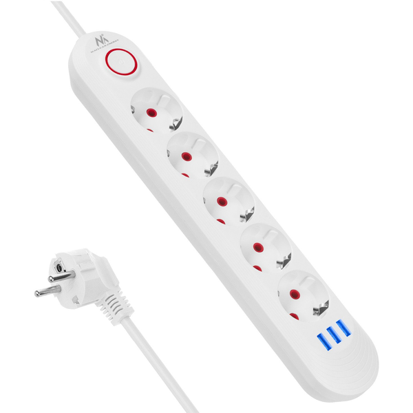 Razdelilec podaljšek MacLean MCE395W s 5 vtičnicami + 3xUSB, 1.5m, bel