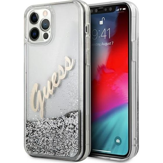 Guess Liquid Glitter Vintage Apple iPhone 12 Pro Max hátlap tok, ezüst (GUE877SLV)