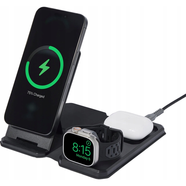 Mophie UAG 3in1 Travel Charger - bezprzewodowa ładowarka podróżna do trzech urządzeń 15W, kompatybilna z MagSafe, kabel, wtyczki i organizer w zestawie (black/gray)