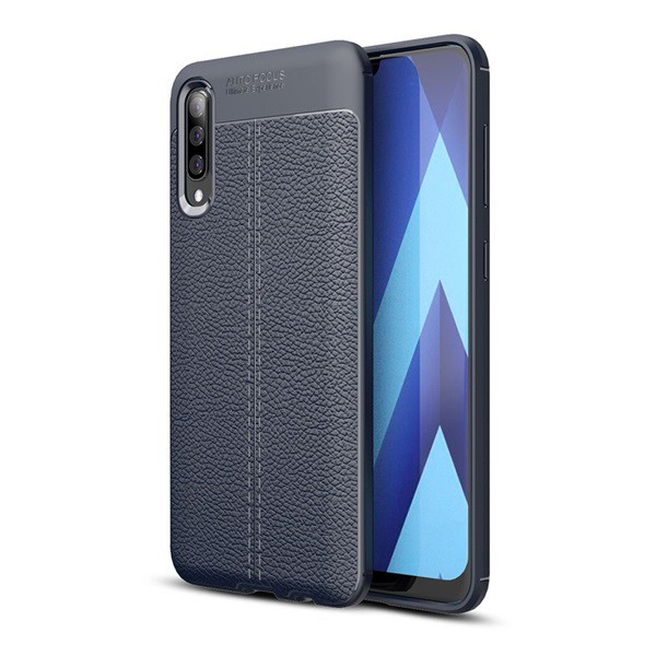 Szilikon telefonvédő (közepesen ütésálló, bőr hatású, varrás minta) SÖTÉTKÉK [Samsung Galaxy A50s (SM-A507F)] (5996457866045)